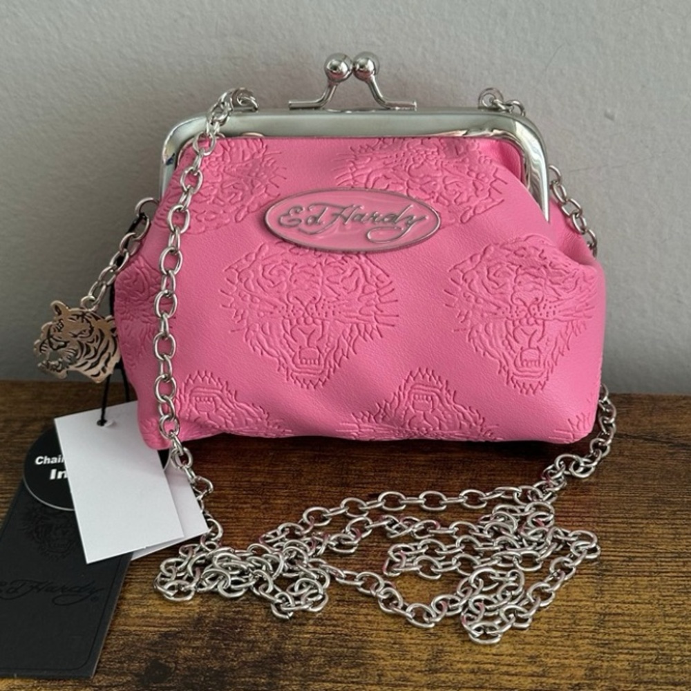 Ed Hardy Kisslock Pink Shoulder Clutch Coin Pouch Purse Tiger Silver Charm Bag